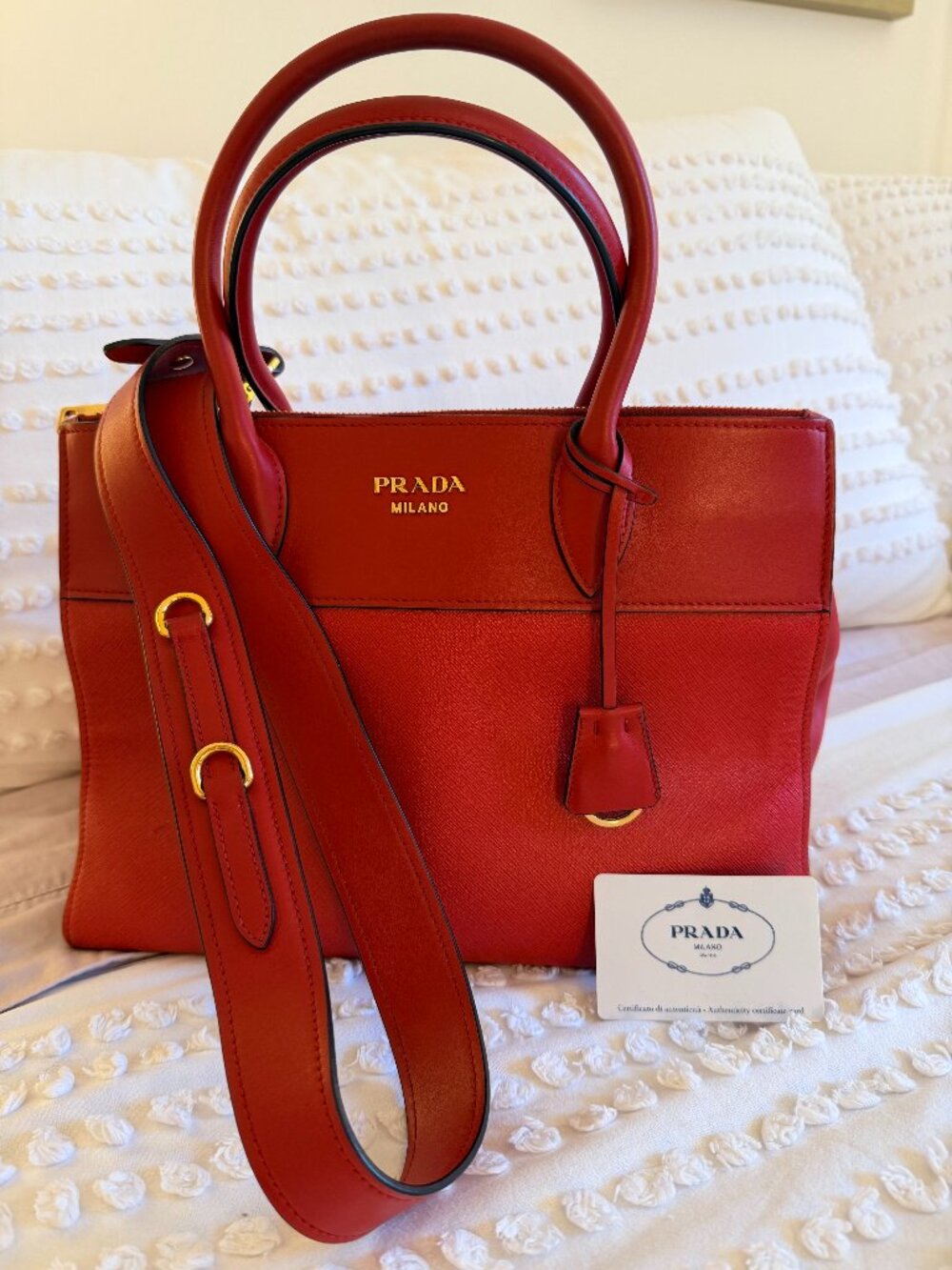 Prada Saffiano City Calf Paradigme Tote 1BA130 Rosso Red MINT